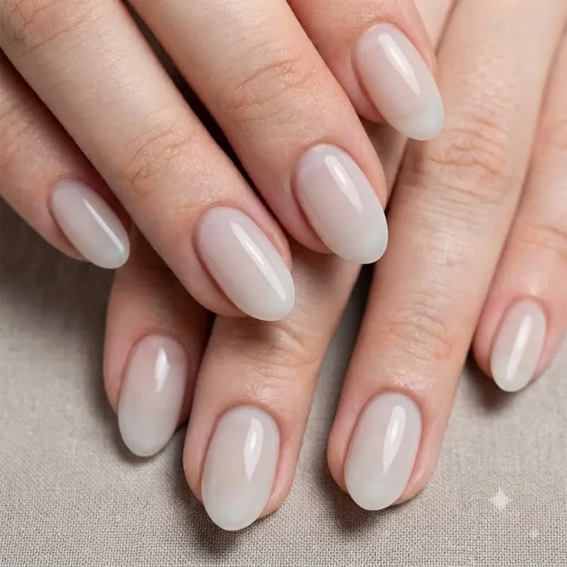 Glossy soap nail manicure with wet-look high shine finish shown in close up on short nails