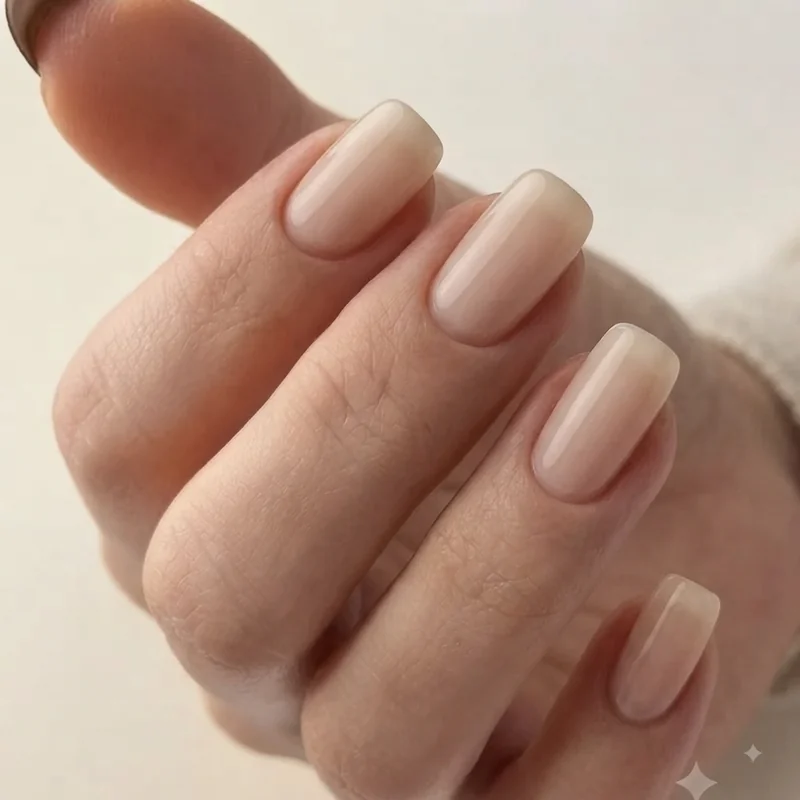 Close up of squoval nail shape on short manicured nails showing soft rounded corners