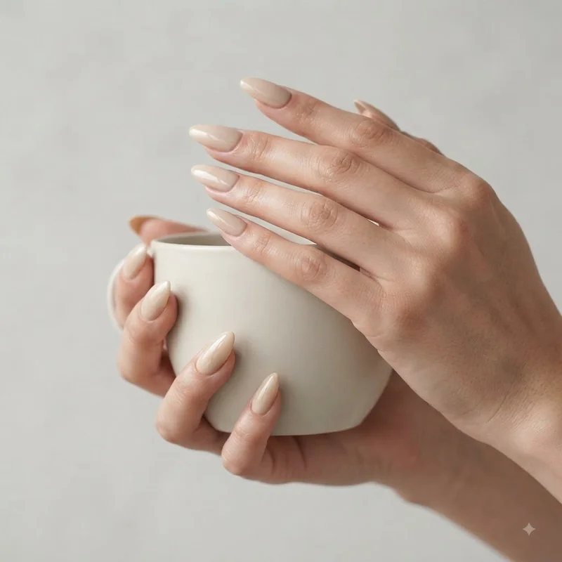 Finished long-lasting nude manicure shown in everyday context typing and holding a coffee cup