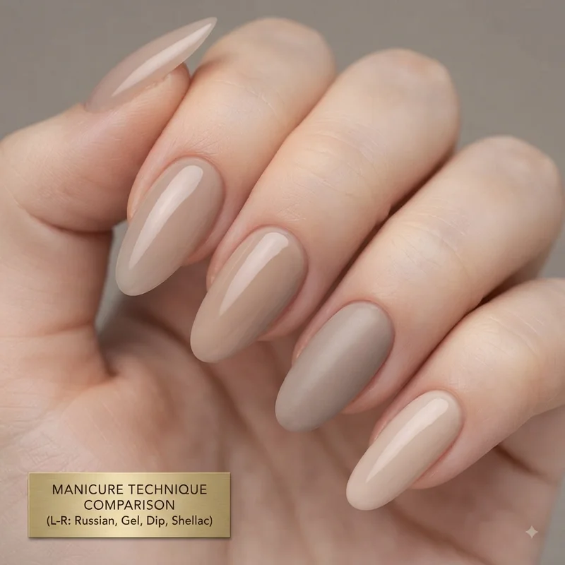 Side-by-side gel, dip powder, Russian manicure and shellac finishes compared for 3-week durability