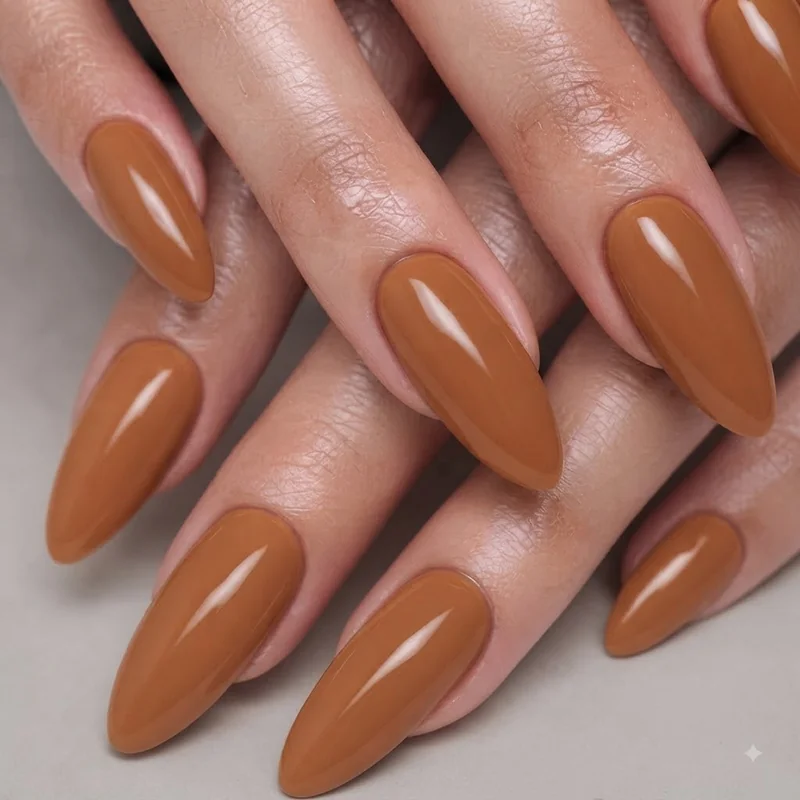 Close-up glossy dip powder manicure at three weeks worn still fully intact with no chipping