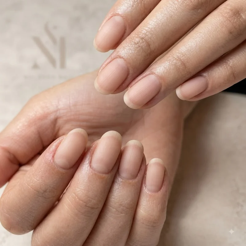 Nail prep in progress with buffing and cuticle work in a clean salon-style setup before gel application