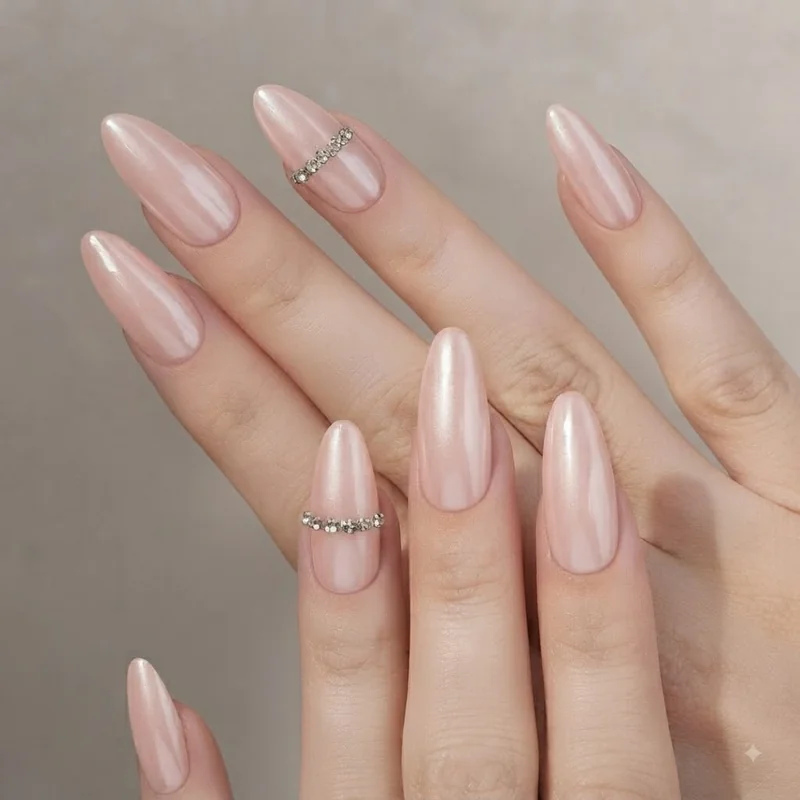 Soft blush pearl chrome romantic manicure for a low-key date night look