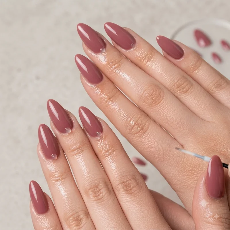 Soft gel press-on nail application in progress for a quick date night manicure