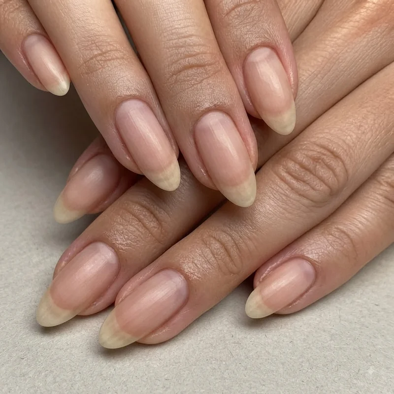 Close-up of freshly filed and buffed bare nails prepped for a quick manicure routine