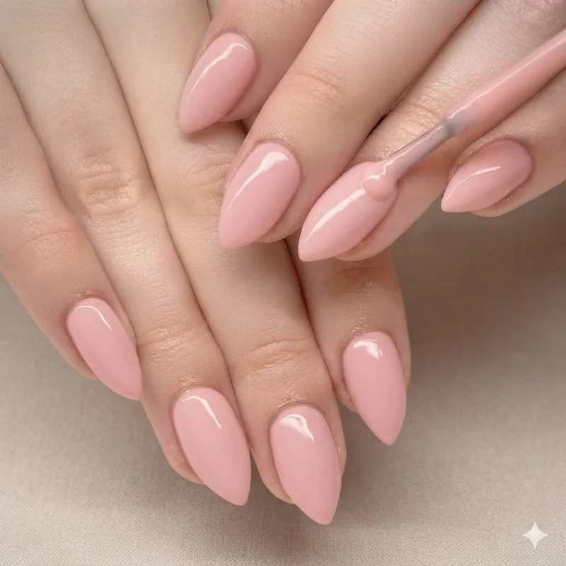 Hands mid-application during a quick manicure routine showing smooth even polish coats