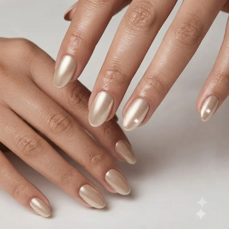 Close up of champagne pearl soft chrome manicure showing warm diffused shimmer on almond shaped nails
