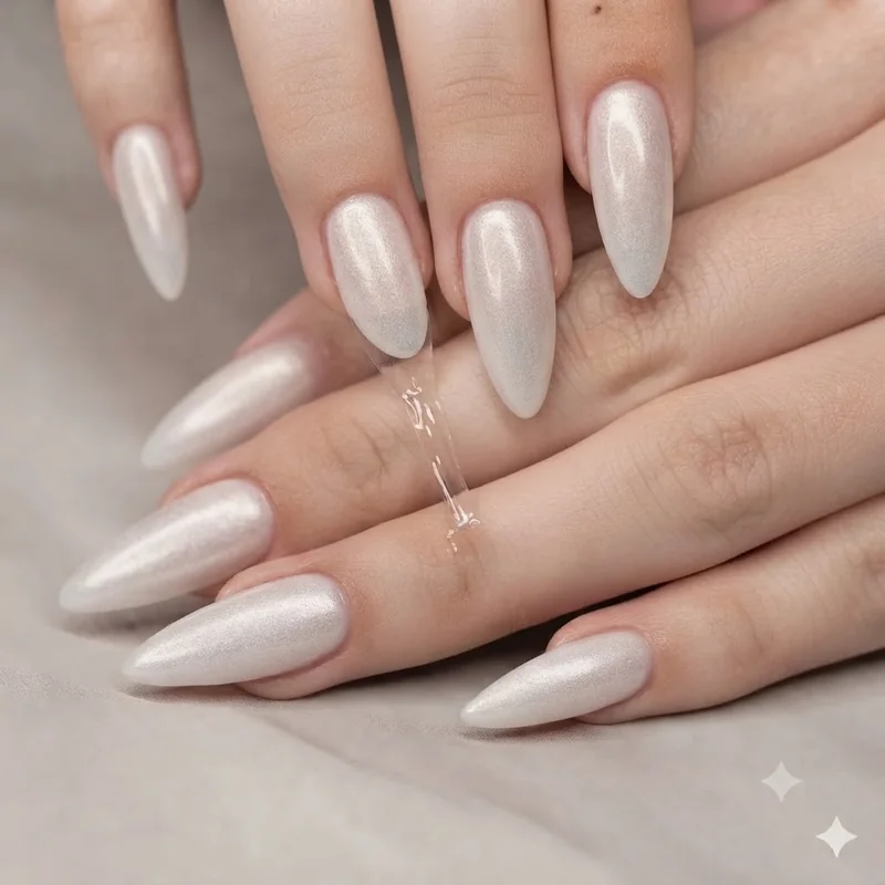 Close up macro shot of diffused soft chrome texture showing shimmer variation across a milky nail base