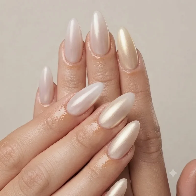 Grid of three soft chrome shade variations on a milky base including nude, champagne and pale gold tones