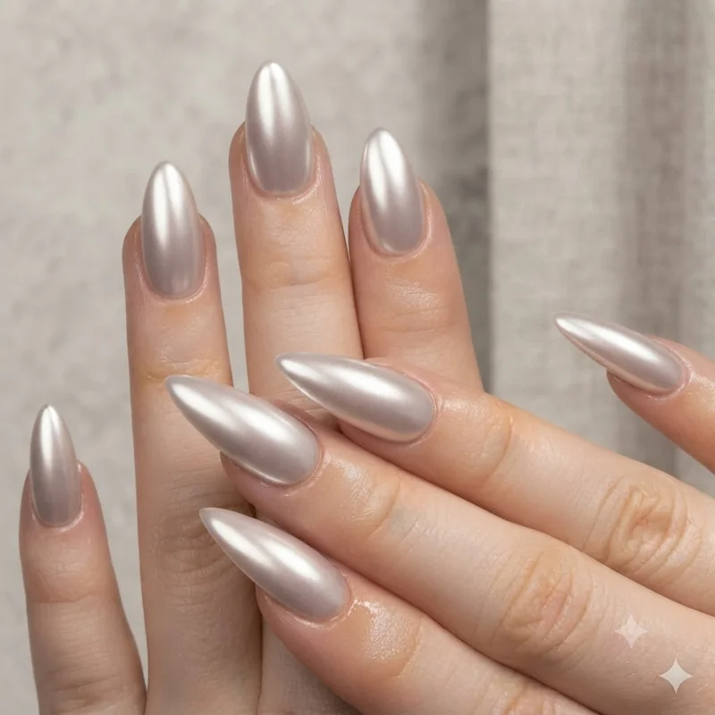 Soft chrome manicure on short almond nail shape with diffused shimmer catching light at the tapered tip