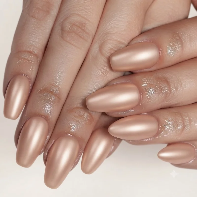 Soft chrome finish on squoval and oval nail shapes showing even diffused shimmer across the flatter surface