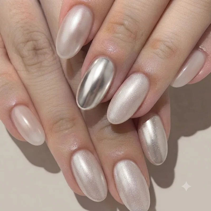 Side by side comparison of soft chrome, mirror chrome and baby chrome finishes on matching milky nail bases