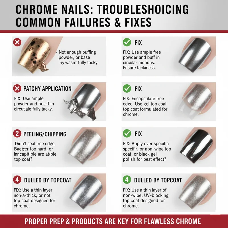 Chrome nail troubleshooting guide showing common failures and corrective techniques side by side