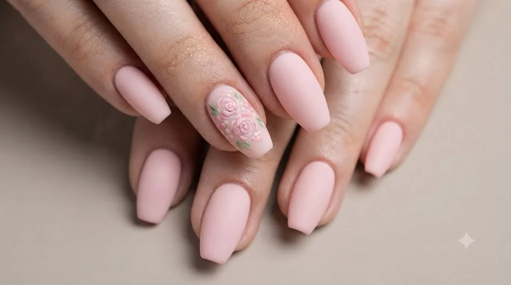 Rose motif nails in soft pastel pink with a hand-painted dotting tool rose accent design