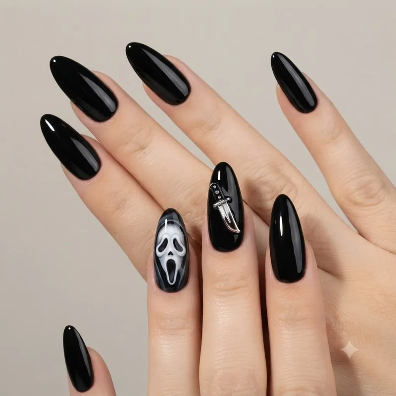 3D Ghostface nails with sculpted knife charm accent for advanced scream nail art