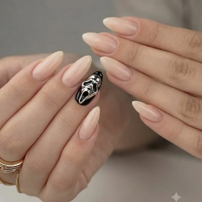Advanced 3D Ghostface nail art with sculpted acrylic detail and chrome accent finish
