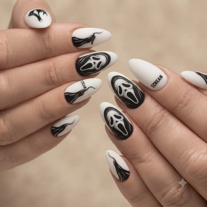 Almond nail shape scream nails with elongated Ghostface manicure detail