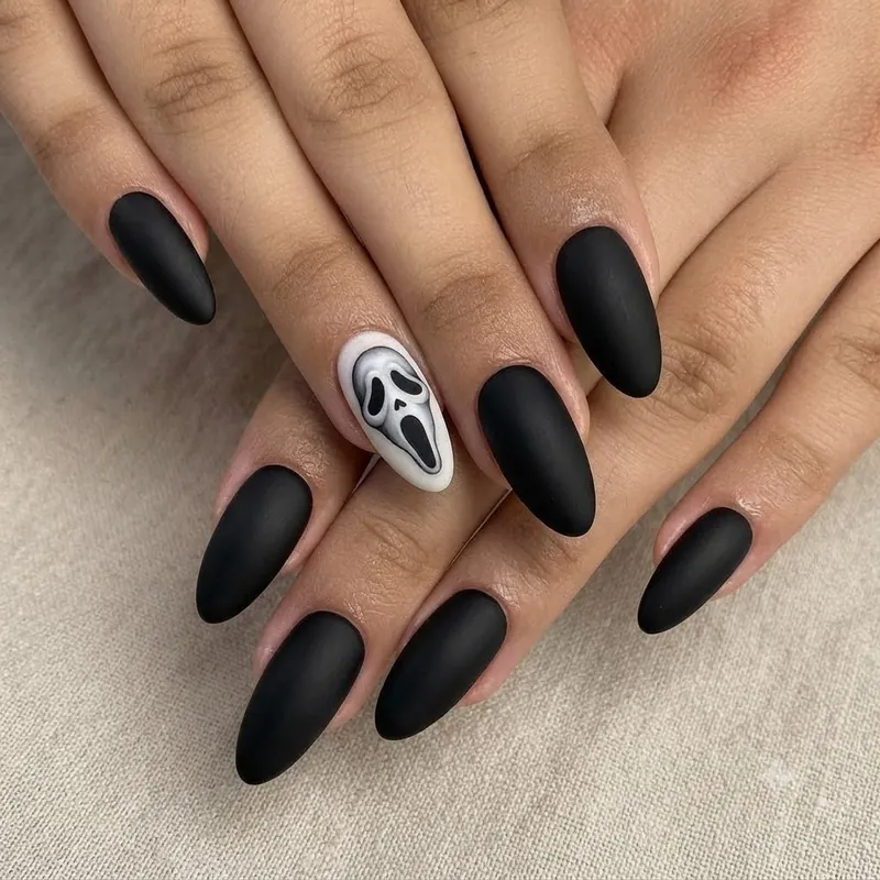 Ghostface mask accent nail in matte black and white for scream nails Halloween manicure