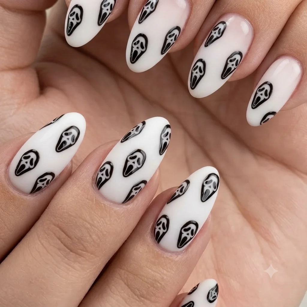 Scream nails Ghostface manicure in matte black and white on almond-shaped nails