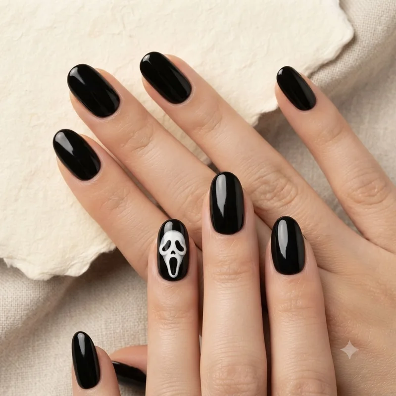 Short nail shape scream nails design featuring compact Ghostface mask accent