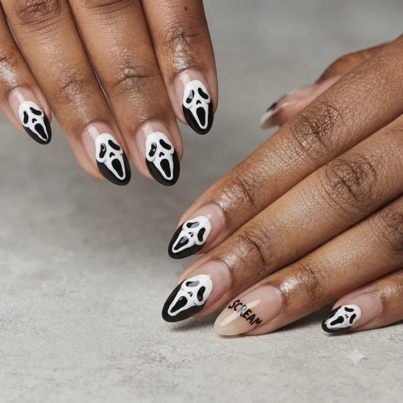 Step by step DIY Ghostface scream nails tutorial showing home manicure technique