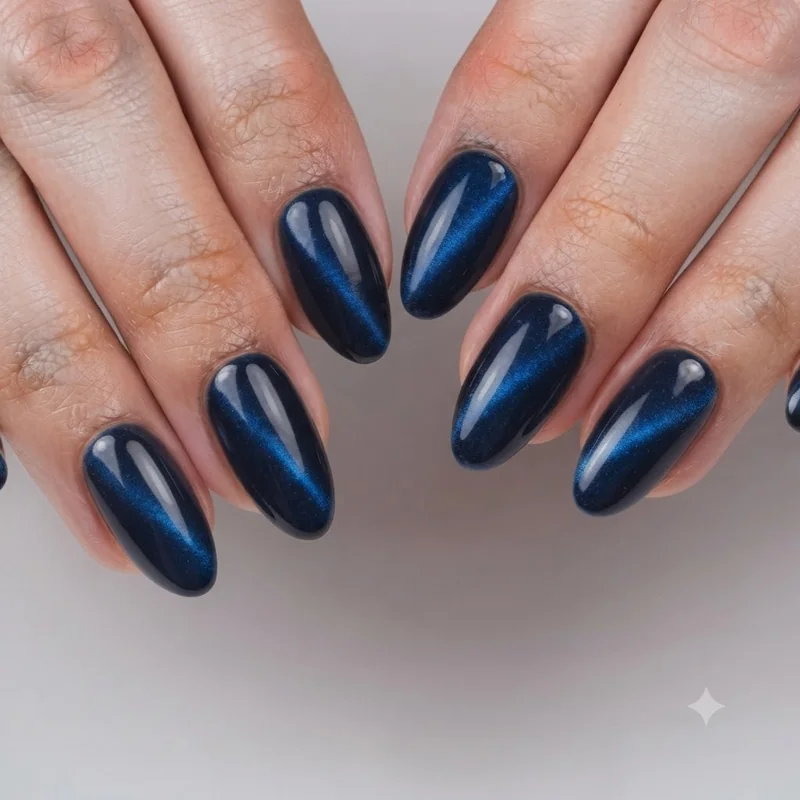 Cat eye gel late september nails in deep jewel tone showing light shift