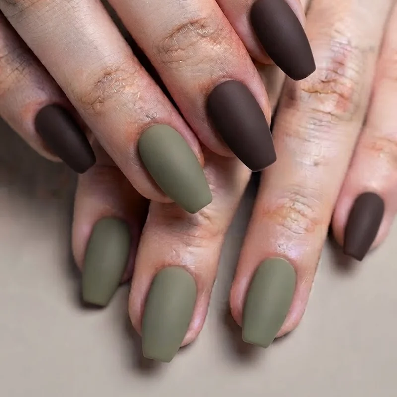 Espresso and olive late september nails in matte finish medium length