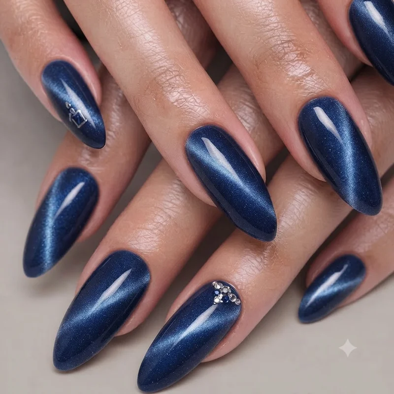 September birthday nails almond shape close up showing sapphire cat-eye design detail