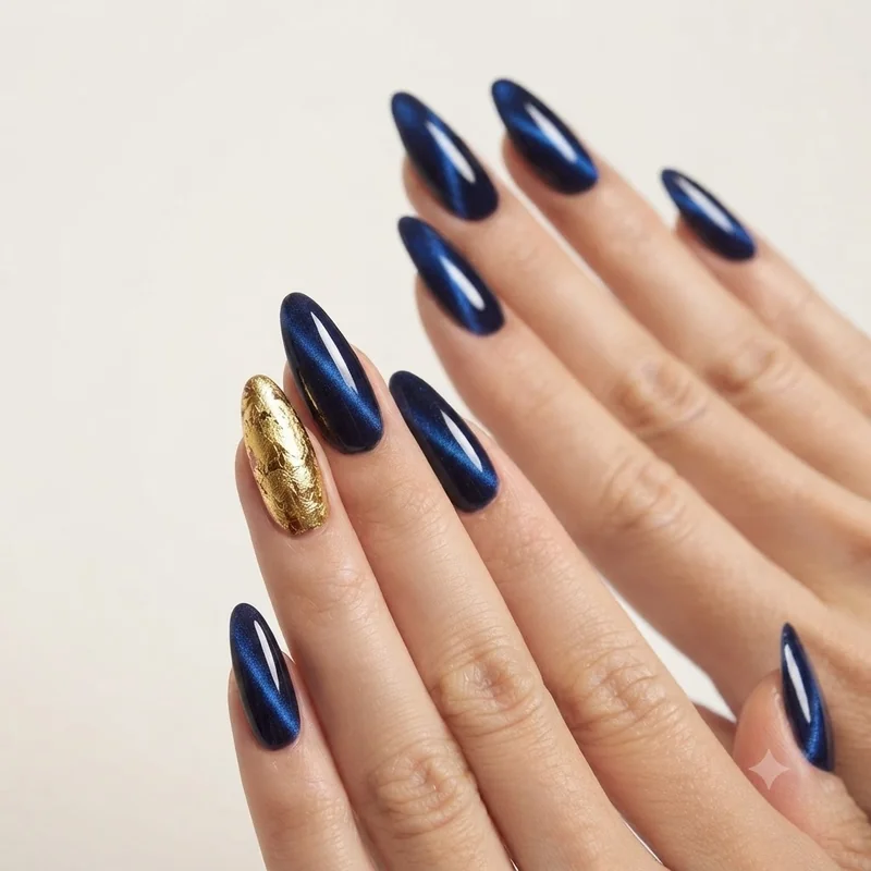 September birthday nails in sapphire blue with gold foil accent nail on an almond nail shape