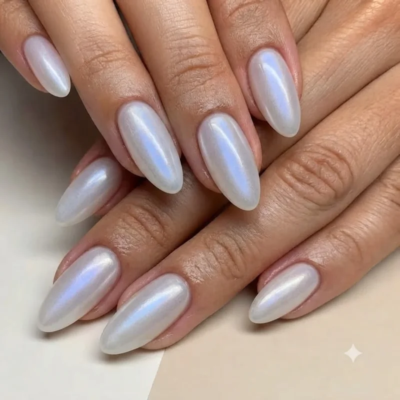 Moonstone-inspired manicure with pearly iridescent finish and soft milky glow across the nails