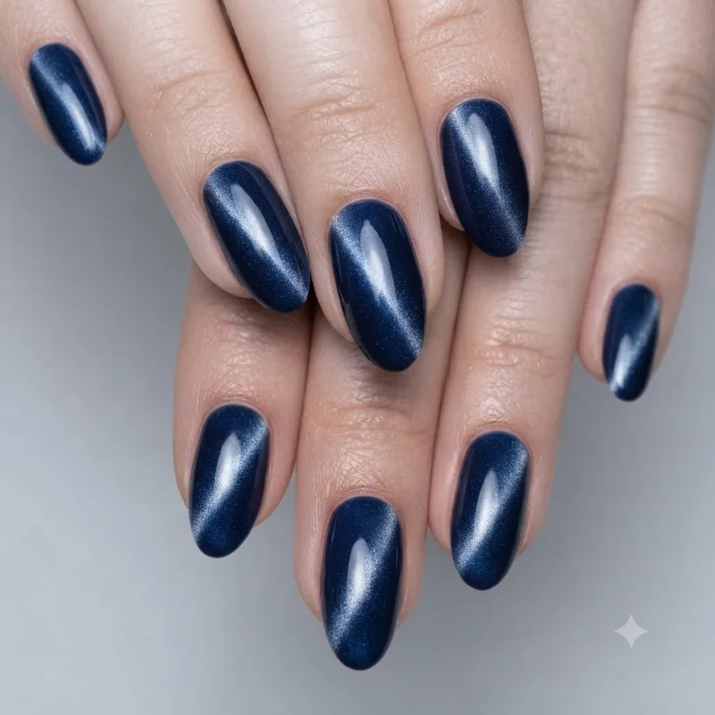 Close-up of sapphire cat-eye manicure showing the magnetic gel light band across each nail