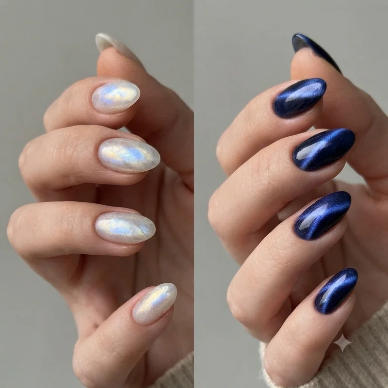 Side by side comparison of sapphire cat-eye and moonstone iridescent birthstone manicure styles