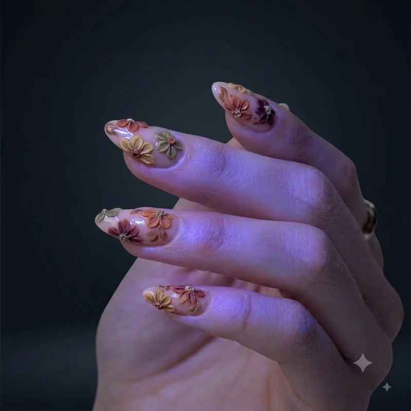 Blooming gel 3D floral dimensional texture close up manicure for september nail art designs