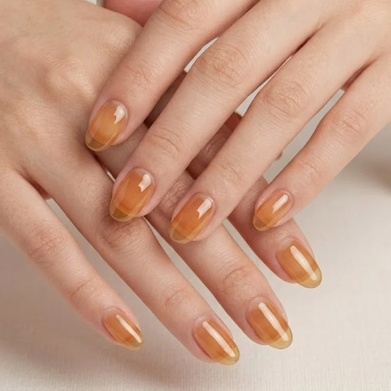 Glass jelly glazed translucent manicure with high shine finish for september nail art trends