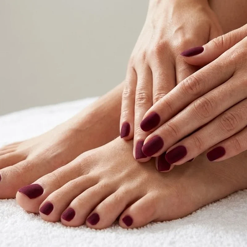 Matte velvet manicure in deep burgundy tone for softer september nail art fall mood