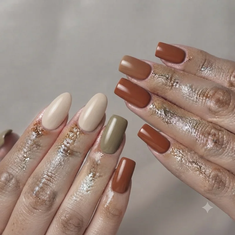 Three nail shape silhouettes compared side by side: almond, squoval, square styled in a neutral fall-appropriate polish shade