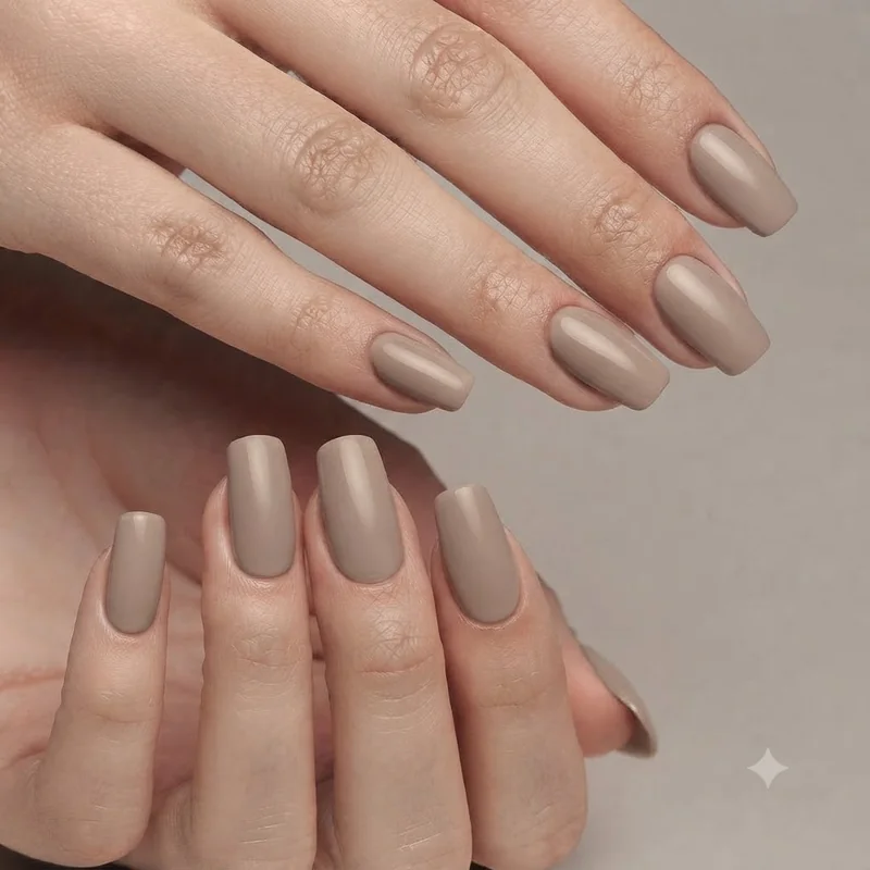 Short squoval nail shape manicure shown in a practical neutral taupe polish shade styled for everyday fall office desk wear
