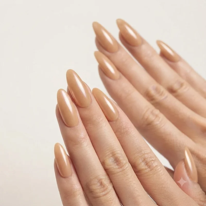 Early September nails in warm honey nude with soft chrome finish for still-summer weather