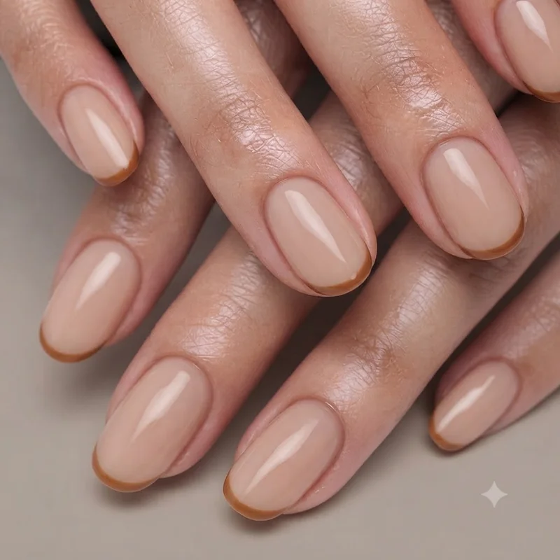 Short september nails featuring a micro french tip design in caramel over nude polish