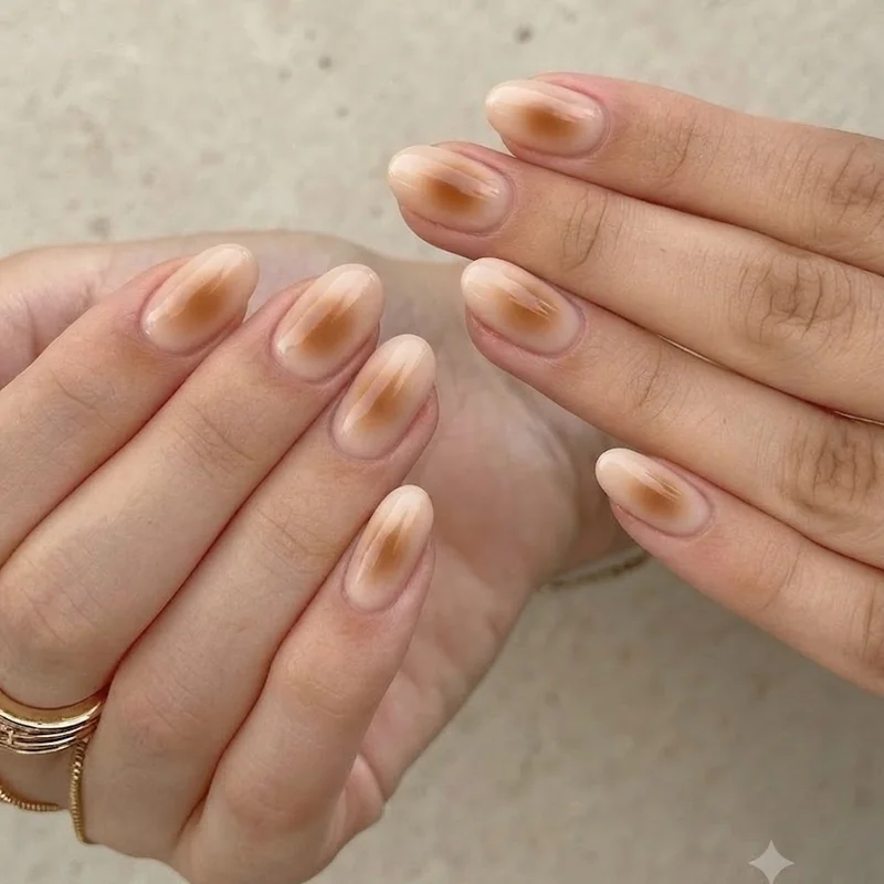 Cute short september nails in a minimal aura technique design with caramel and nude tones