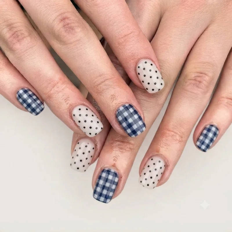 Short september nail designs featuring polka dot and plaid print patterns on squoval tips