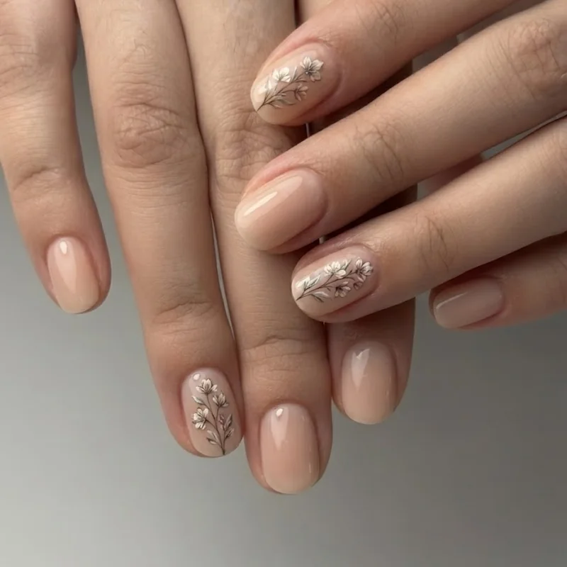 Short september nail designs with a scaled down single floral accent using a fine liner brush