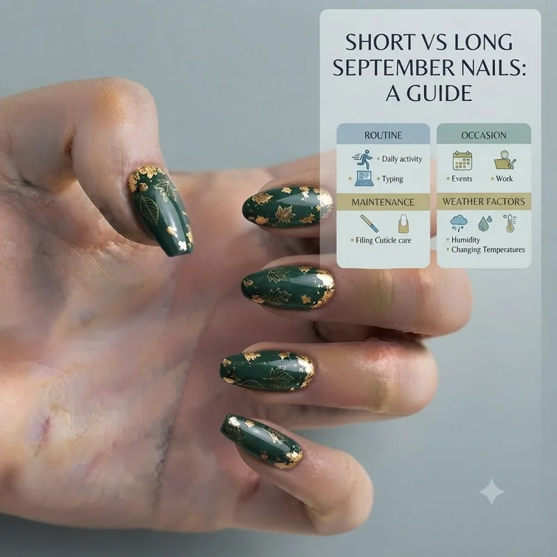 Long almond and coffin September nails with rich fall nail art detail showing extended canvas