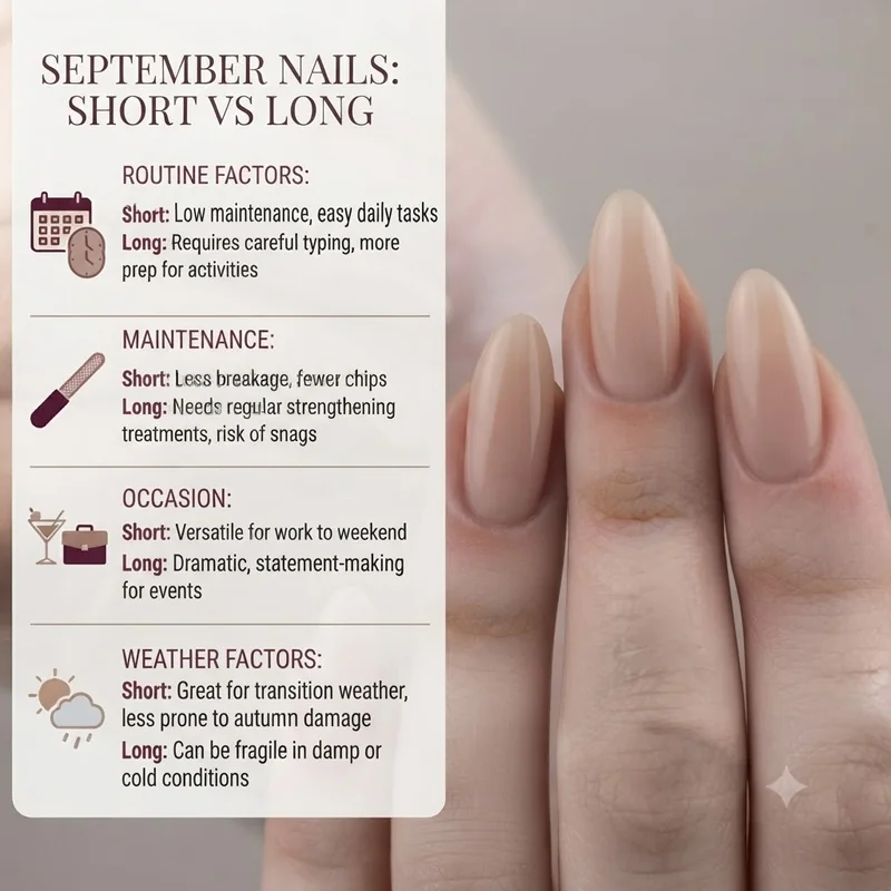 Infographic comparing short vs long September nails by routine, maintenance, occasion, and weather factors