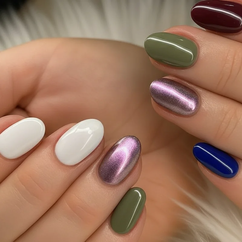 Best colours for short almond nails including milky white sheer nude burgundy and soft chrome showing 2026 palette options