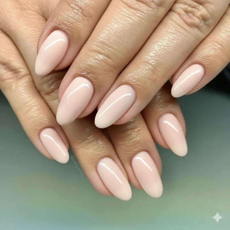 BIAB builder gel overlay applied for short almond nail shaping on natural nails showing minimal free edge growth technique