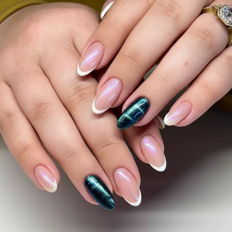 Micro French tip short almond nails alongside glazed finish and velvet cat eye trending NailTok designs for 2026 inspiration