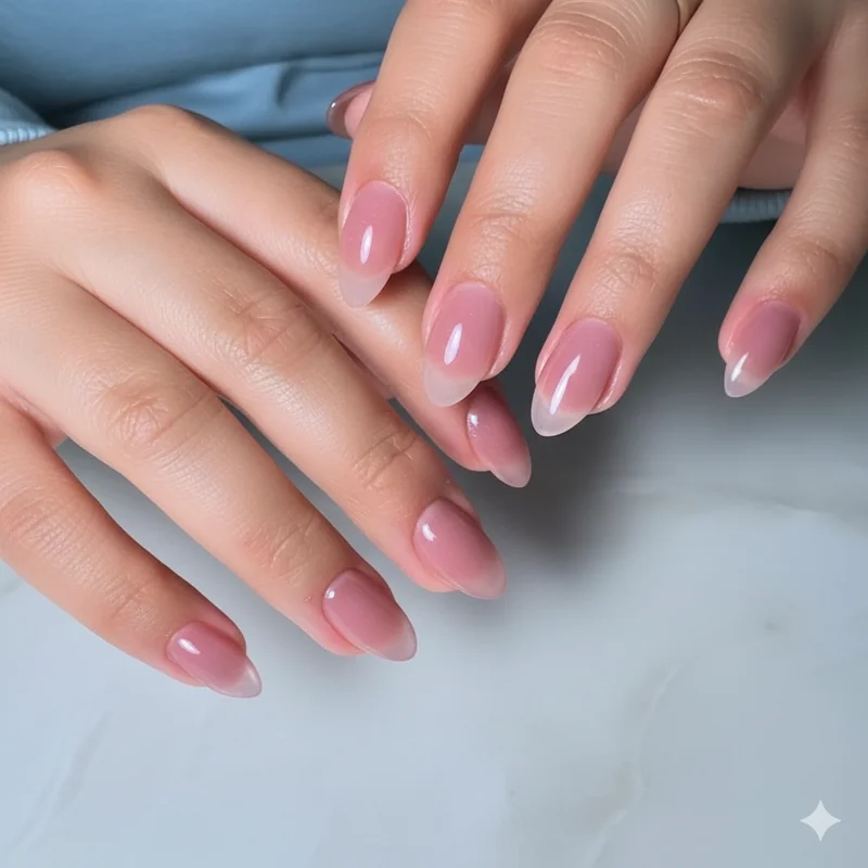 Salon brief for short almond nail technician showing BIAB application and two to three millimetre free edge reference result