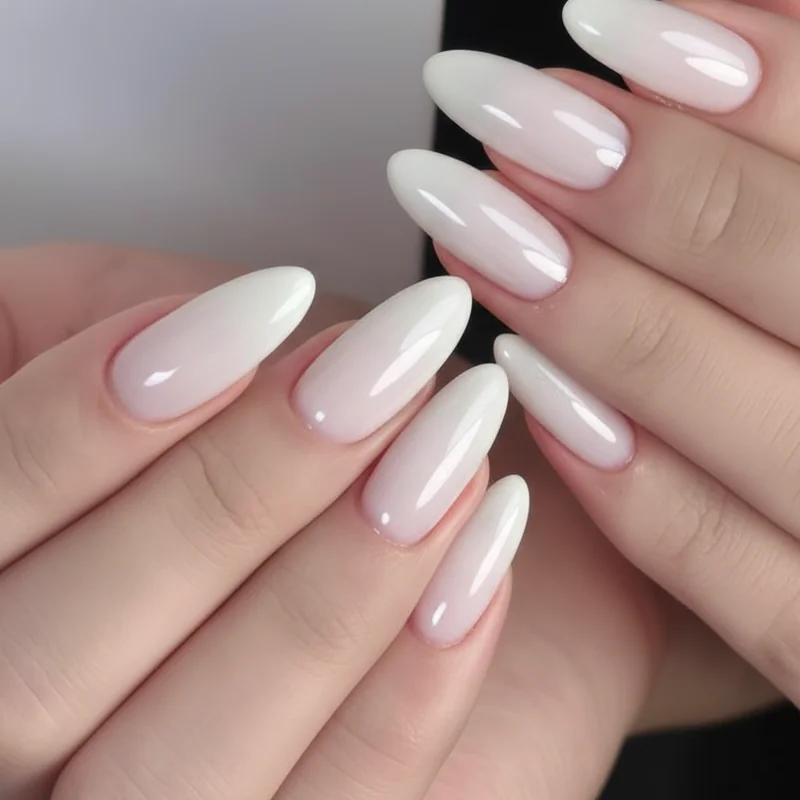 Short almond nails quiet luxury aesthetic with milky sheer finish and soft taper showing 2026 natural nail movement trend