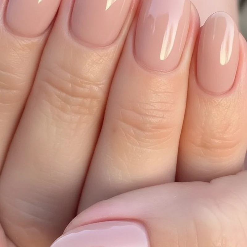 Short almond nails with tapered tip and soft rounded finish showing natural nail length perfect for everyday practical wear 2026